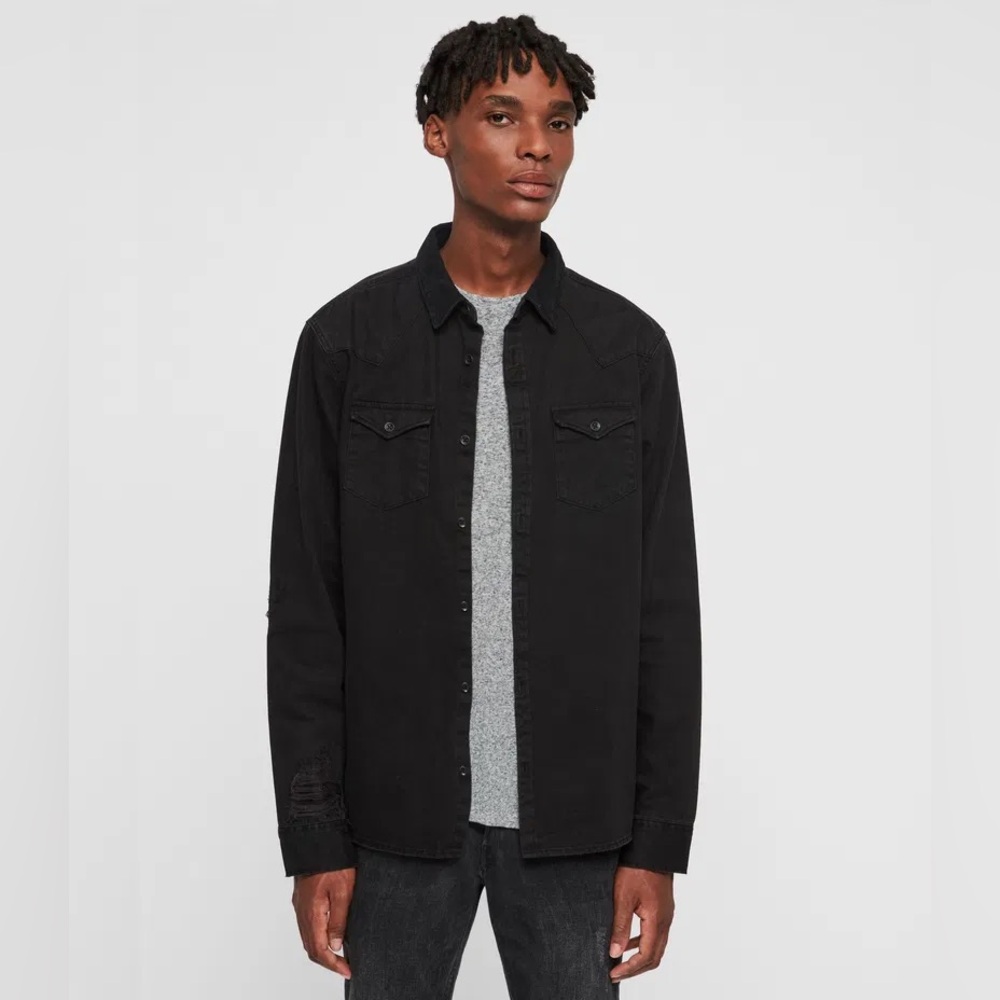All Saints “Biso” Distressed Denim Button-Down Shirt | Jet Black
